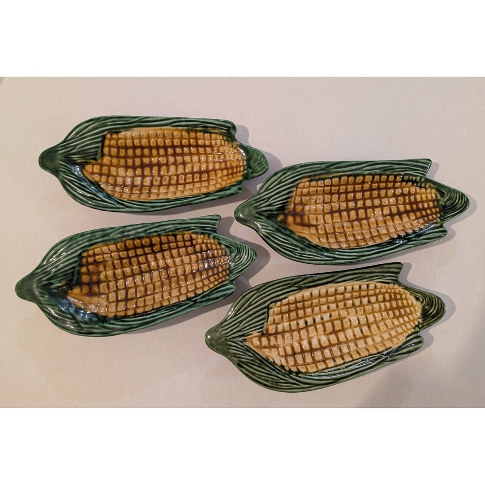 Majolica Corn Cob With Husk Plates Set 4, Made In Portugal, See Pics